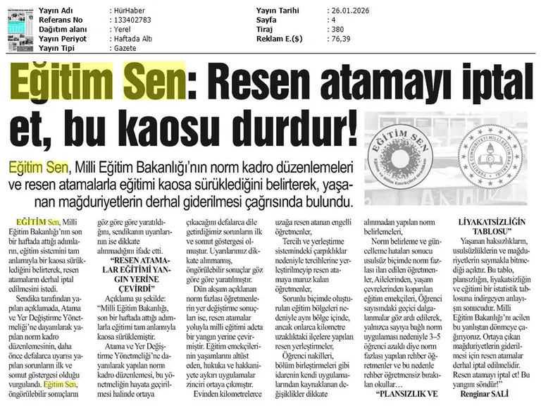 Eğitim Sen: Resen Atamayı İptal Et, Bu Kaosu Durdur! / Hür Haber