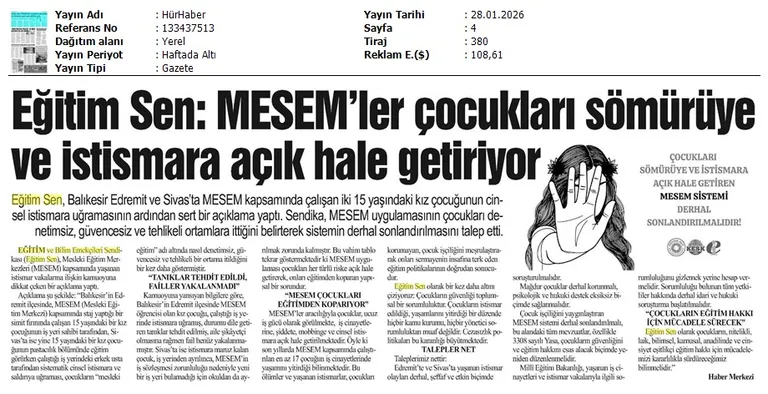 Eğitim Sen: MESEM'ler Çocukları Sömürüye ve İstismara Açık Hale Getiriyor / Hür Haber