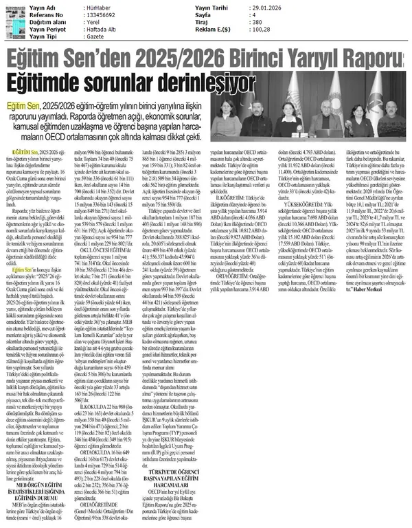 Eğitim Sen'den Birinci Yarıyıl Raporu: Eğitimde Sorunlar Derinleşiyor / Hür Haber