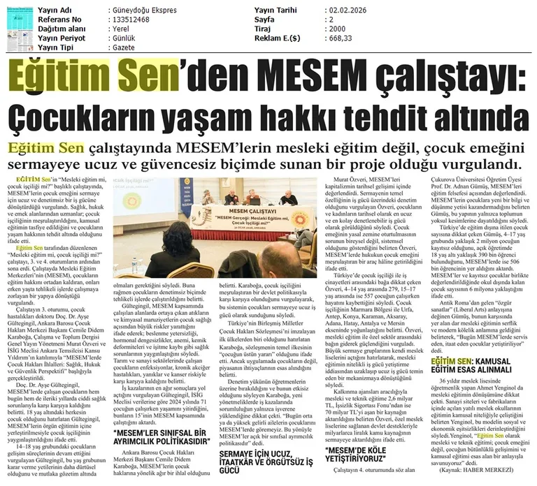 Eğitim Sen'den MESEM Çalıştayı: Çocukların Yaşam Hakkı Tehdit Altında / Güneydoğu Ekspres