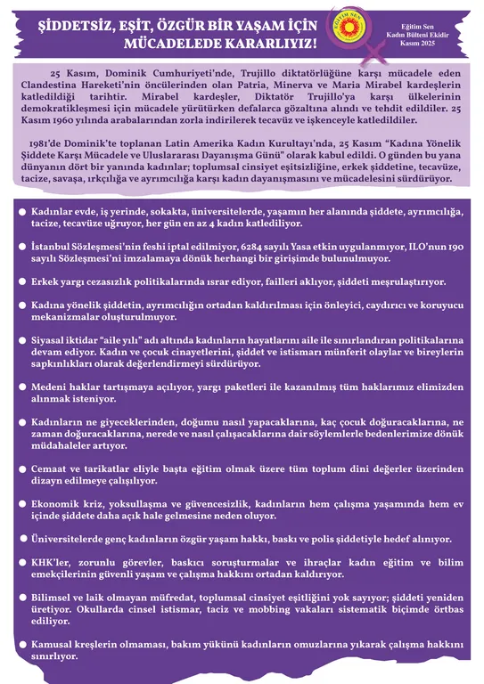 Şiddetsiz, Eşit, Özgür Bir Yaşam İçin Mücadelede Kararlıyız! / 25 Kasım Bildiri