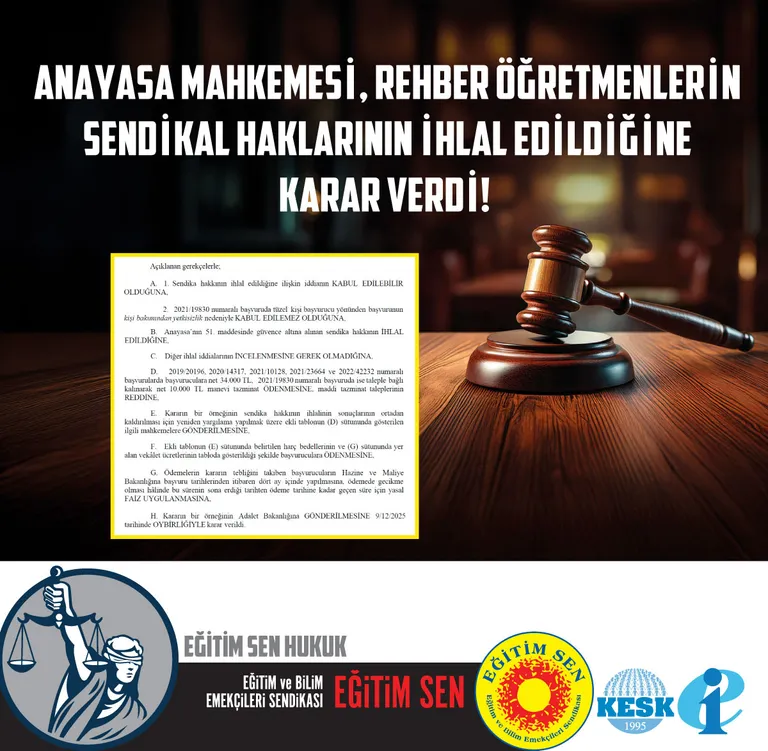 AYM, Rehber Öğretmelerin Sendikal Haklarının İhlal Edildiğine Karar Verdi