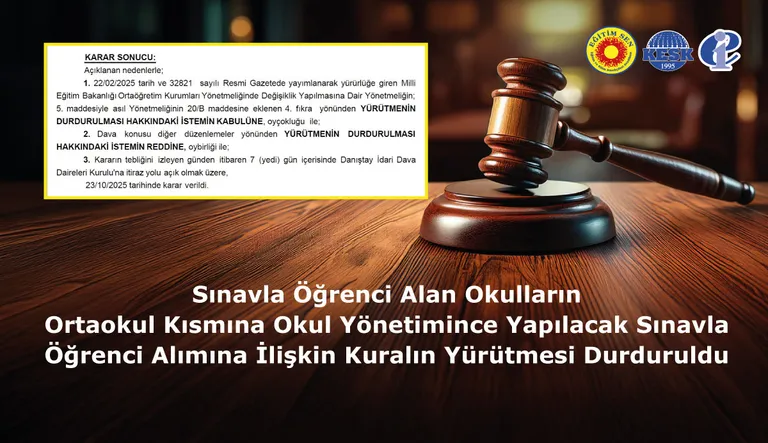 Sınavla Öğrenci Alan Okulların Ortaokul Kısmına Okul Yönetimince Yapılacak Sınavla Öğrenci Alımına İlişkin Kuralın Yürütmesi Durduruldu