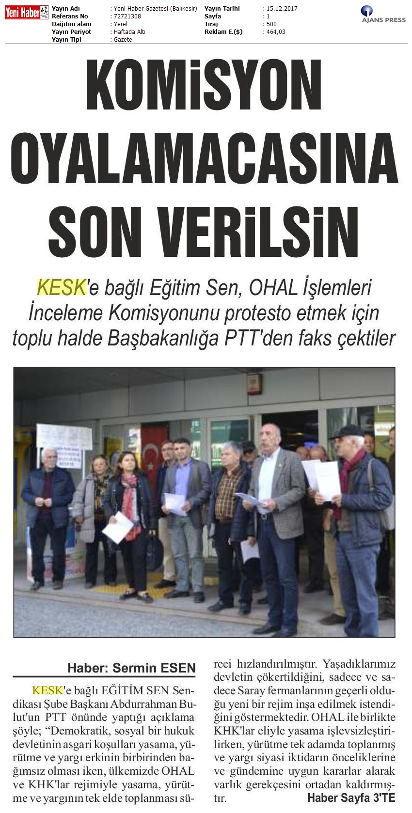 2017_12_15_Yeni Haber Gazetesi (Balikesir)_Komisyon Oyalamacasina Son Verilsin_72721308_(1)