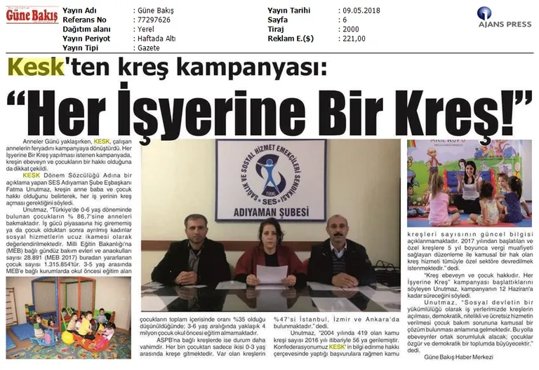 Basında Her İş Yerine Kreş Kampanyamız !