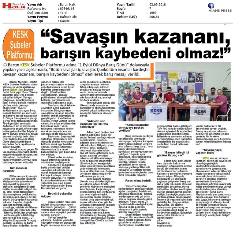 1 Eylül Dünya Barış Günü Gazete Manşetleri!