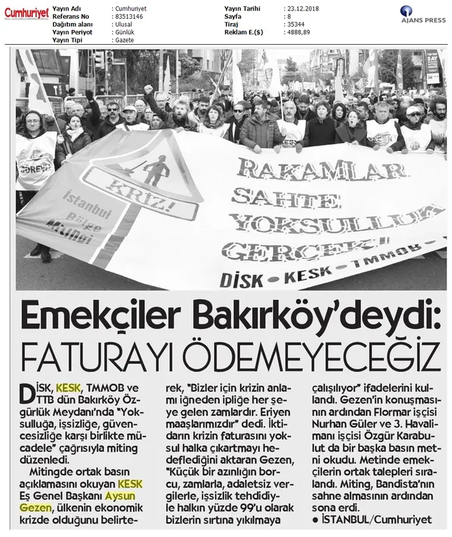 Yazılı Basında 22 Aralık İstanbul Bölge Mitingi