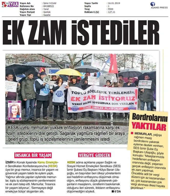 Ek Zam, Vergide Adalet ile TİS Eylemlerimiz Yerel ve Ulusal Basında Geniş Yer Buldu!