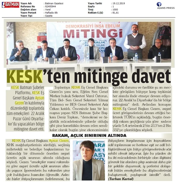 Basında Sendikal Faaliyetlerimiz ve Bölge Mitinglerimiz