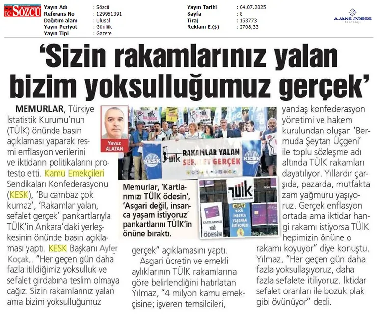 TÜİK eylemimiz gazetelerde