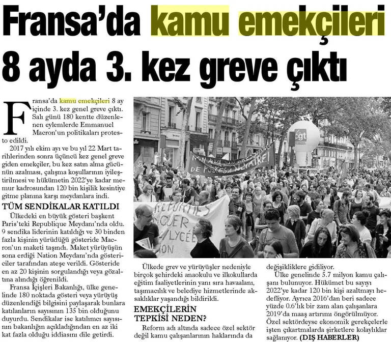 Fransa'da Kamu Emekçileri 8 Ayda 3. Kez Greve Çıktı