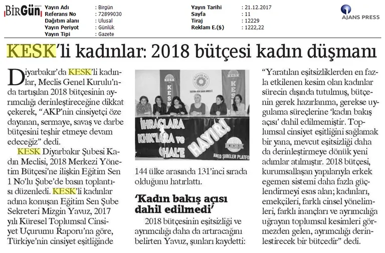 KESK'li Kadınlar: 2018 Bütçesi Kadın Düşmanı!