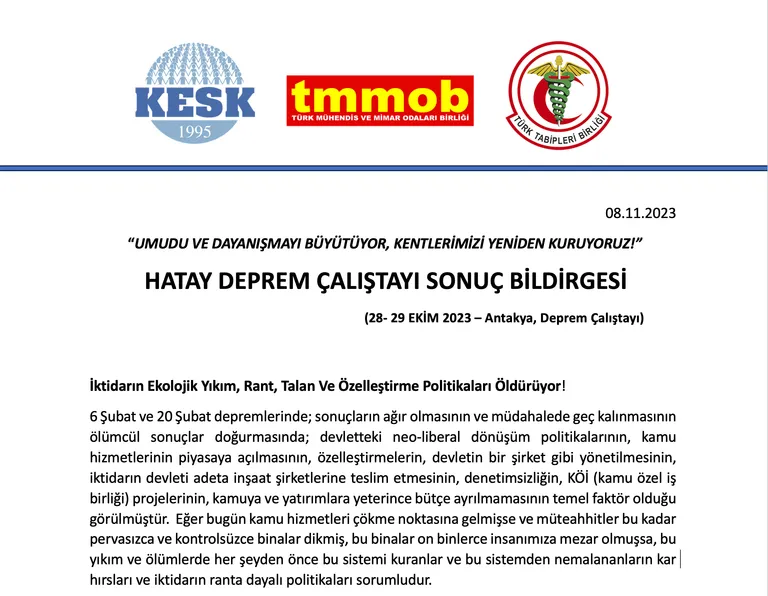 KESK, TMMOB, TTB:  HATAY DEPREM ÇALIŞTAYI SONUÇ BİLDİRGESİ