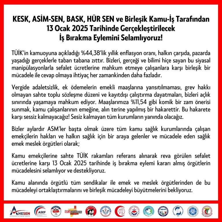 13 Ocak İş Bırakma Eylemimize Sağlık Emek ve Meslek Örgütleri'nden Destek!