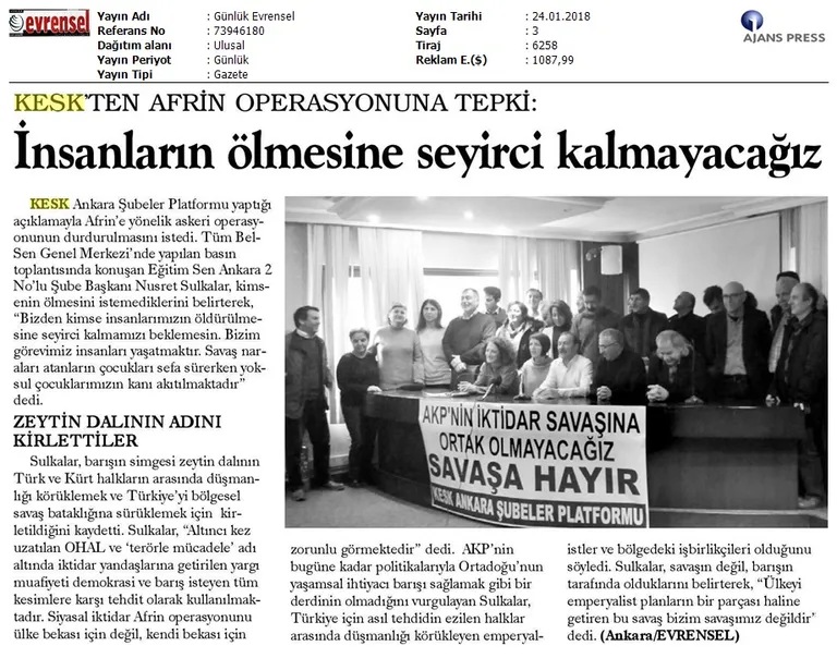 KESK Ankara Şubeler Platformu : Zeytin Dalı'nın Adını Kirlettiler!