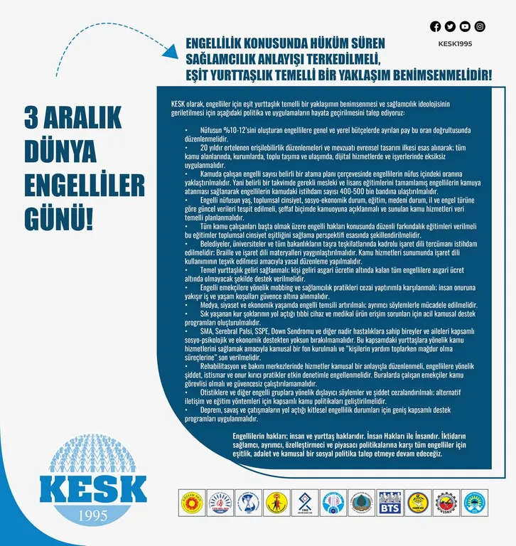 3 Aralık Dünya Engelliler Günü Engellilik Konusunda Hüküm Süren Sağlamcılık Anlayışı Terkedilmeli, Eşit Yurttaşlık Temelli Bir Yaklaşım Benimsenmelidir!