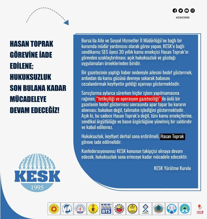 Hasan Toprak Görevine İade Edilene; Hukuksuzluk Son Bulana Kadar Mücadeleye Devam Edeceğiz!