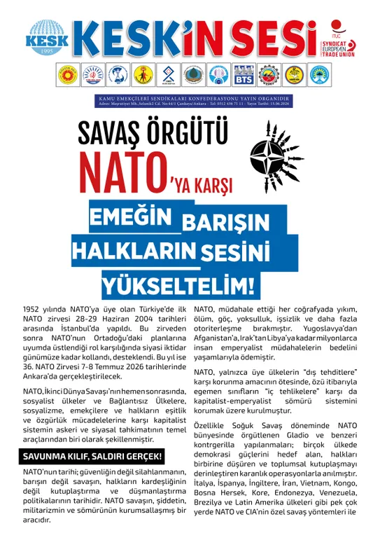 BİLDİRİ: SAVAŞ ÖRGÜTÜ NATO'YA KARŞI EMEĞİN, BARIŞIN, HALKLARIN SESİNİ YÜKSELTELİM!