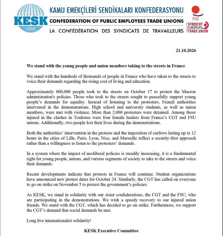 Fransa’da Sokağa Çıkan Gençlerin ve Sendikacıların Yanındayız!